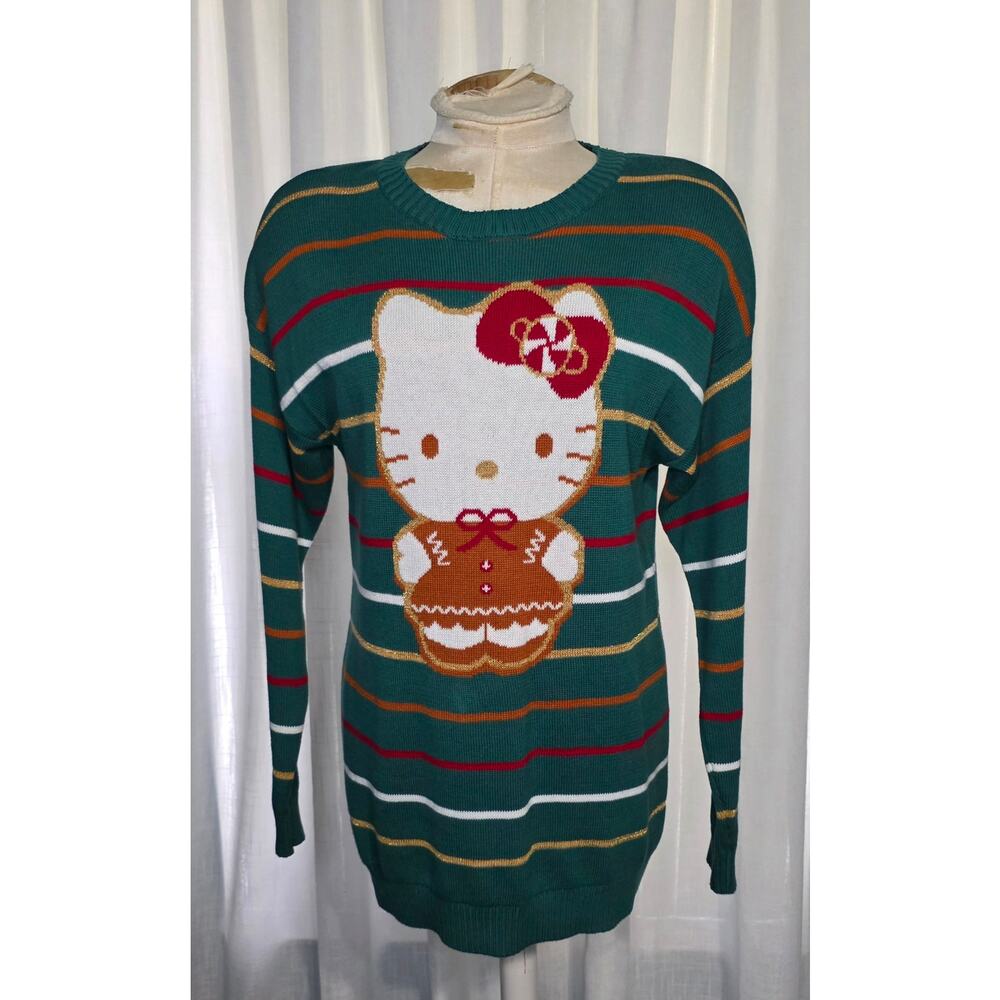 Hello Kitty Stripped Holiday Sweater Pullover Women Size XL Green‎ Multicolor